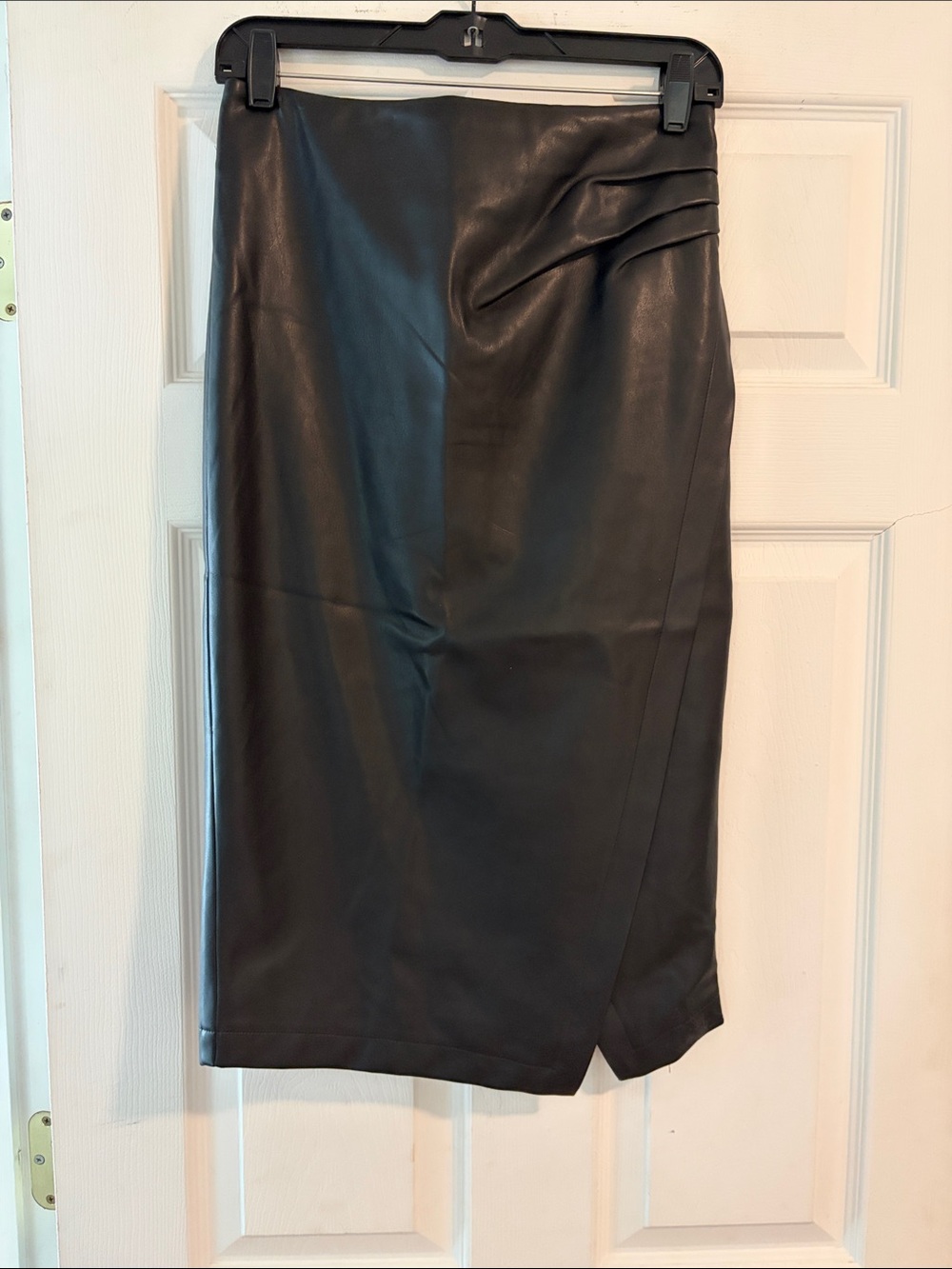 Tahari Black Faux Leather Pencil Skirt with Pleated Hip Detail